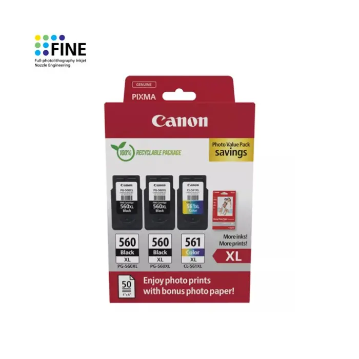 Pack 3 Tinteiros Canon 2x PG-560XL/1x CL-561XL Original 3712C012